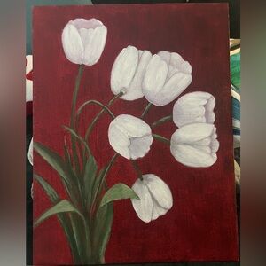 Elegant White Tulip Art on Red Canvas